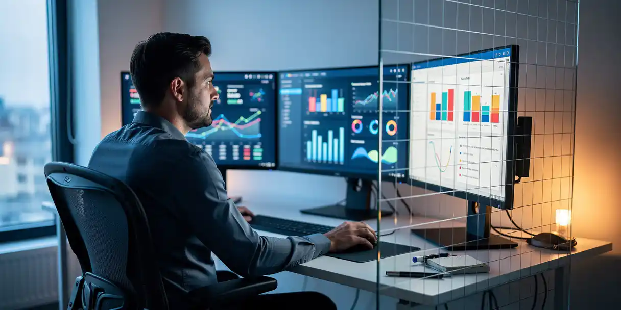 Analyst working at a modern desk with multiple dashboard monitors, a transparent glass panel with grid lines symbolizing data governance framework in warm and cool tones.