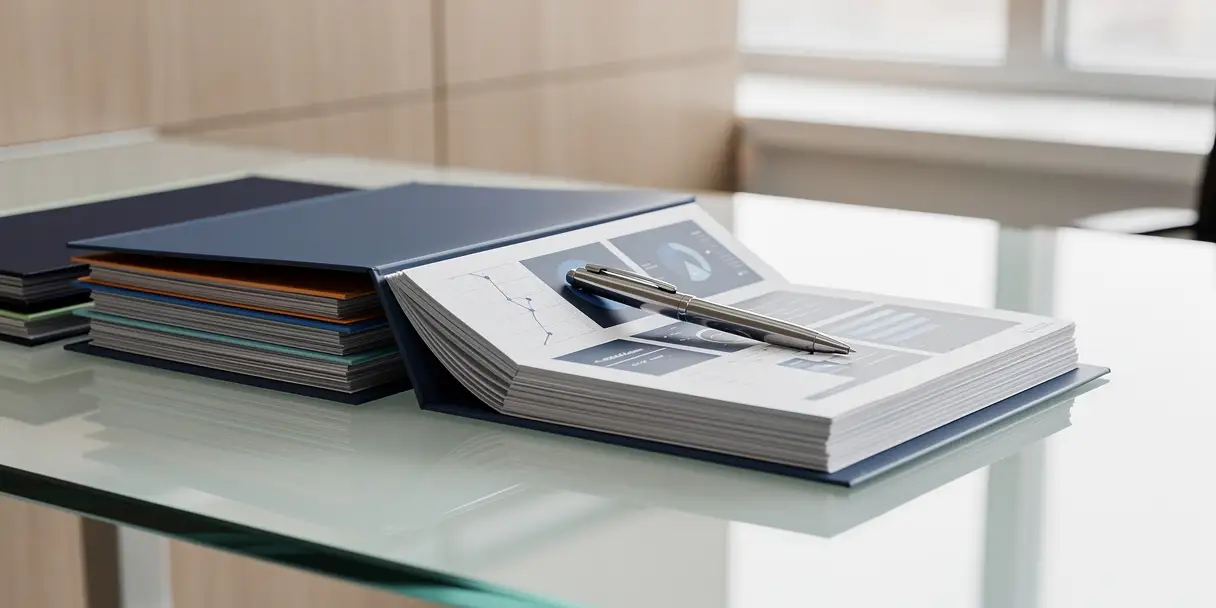 Color-coded approval folders stacked on a glass desk, one open to layered dashboard printouts with a pen resting across it.