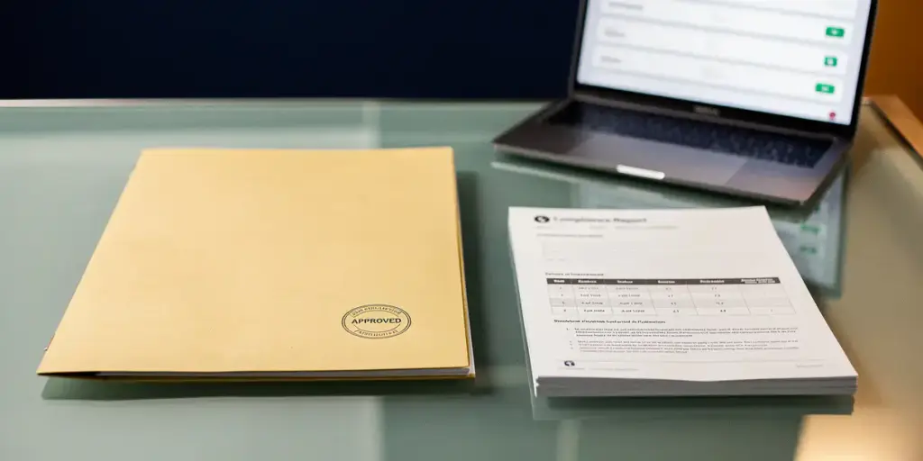 Sealed manila folder with official approval stamp on glass desk beside stacked compliance documents, laptop dashboard blurred in background.