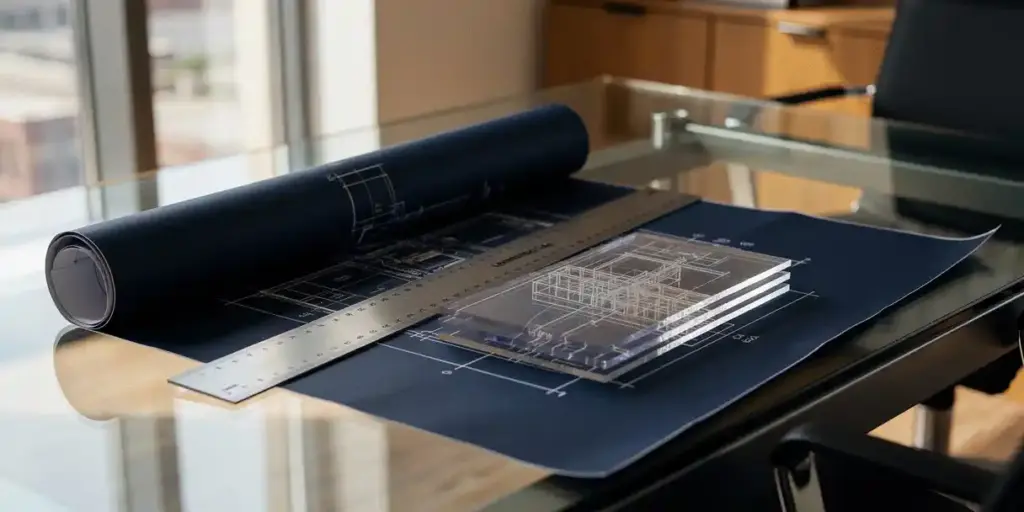 Architectural blueprint unrolled on a glass desk, held by a metal ruler and layered acetate sheets showing evolving structural plans in navy and amber light.