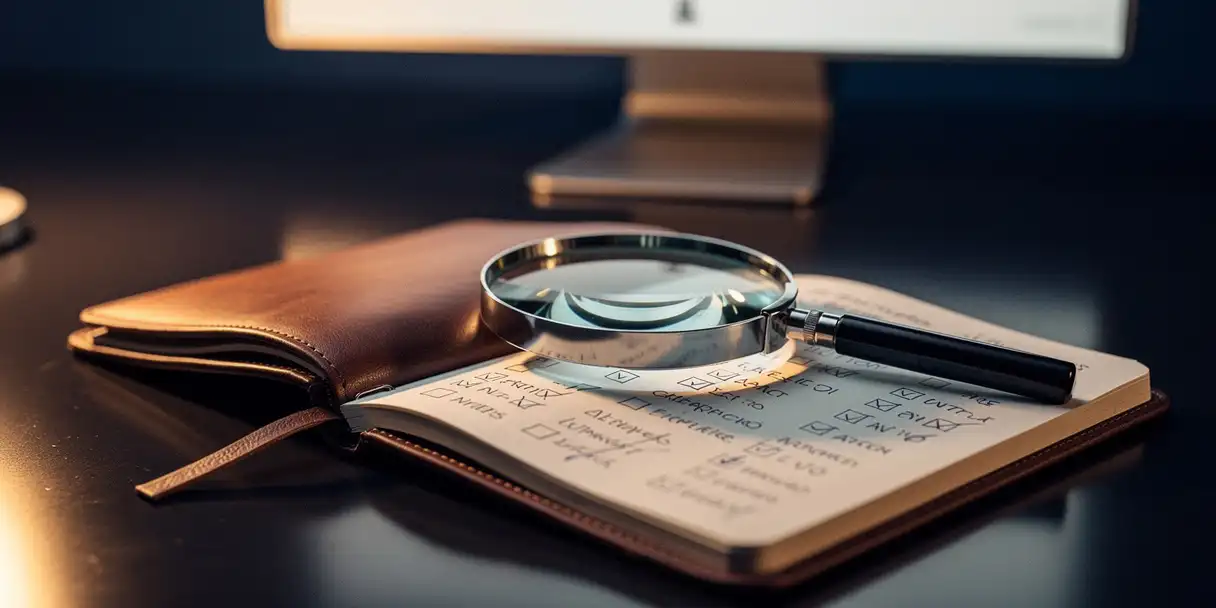 Leather-bound audit logbook open on a modern desk with handwritten inspection marks, magnifying glass resting on pages, glowing monitor reflected nearby.