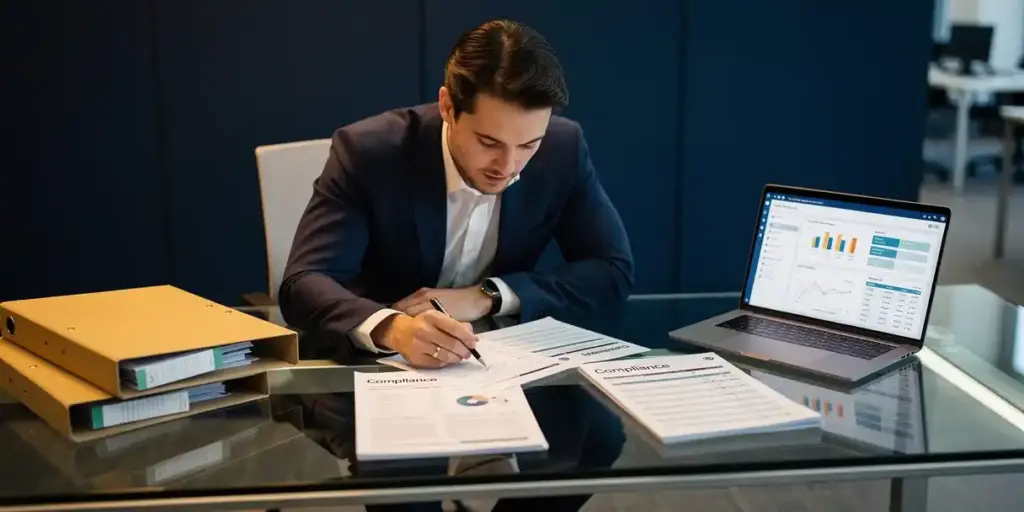 Auditor examining compliance reports and governance checklists at a glass desk with a laptop displaying dashboard data in a modern corporate office.