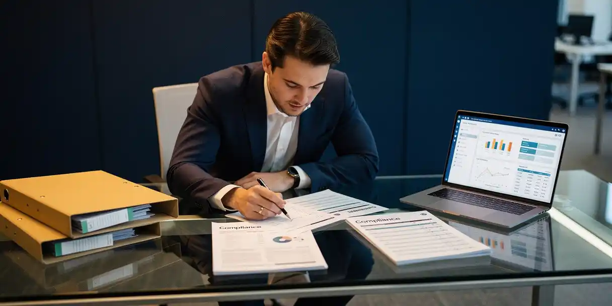 Auditor examining compliance reports and governance checklists at a glass desk with a laptop displaying dashboard data in a modern corporate office.