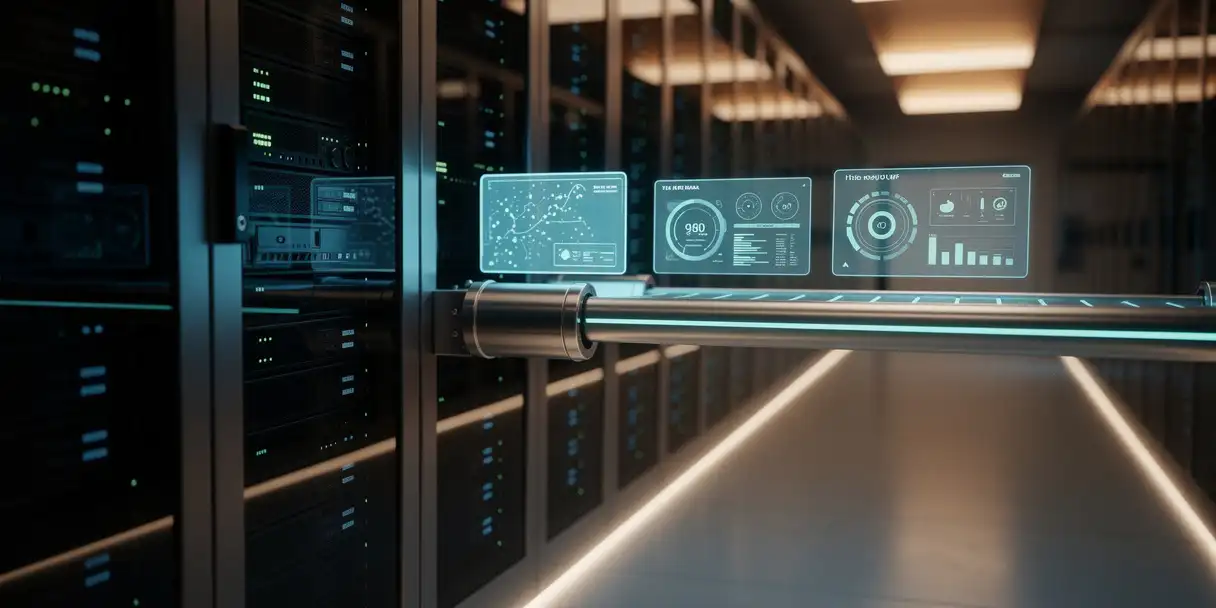 Server rack in a modern data center corridor autonomously deploying glowing dashboard panels along a pipeline conveyor in steel blue and teal tones.