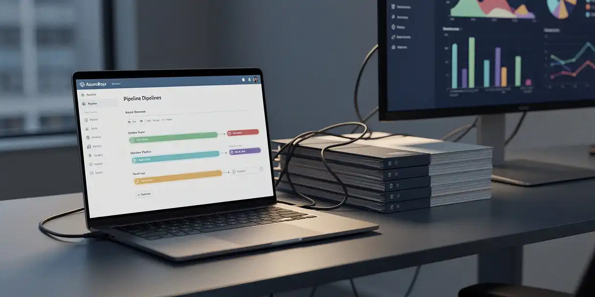 Laptop displaying an Azure DevOps pipeline dashboard beside stacked deployment folders on a developer's desk, connected to a second monitor showing data visualizations.