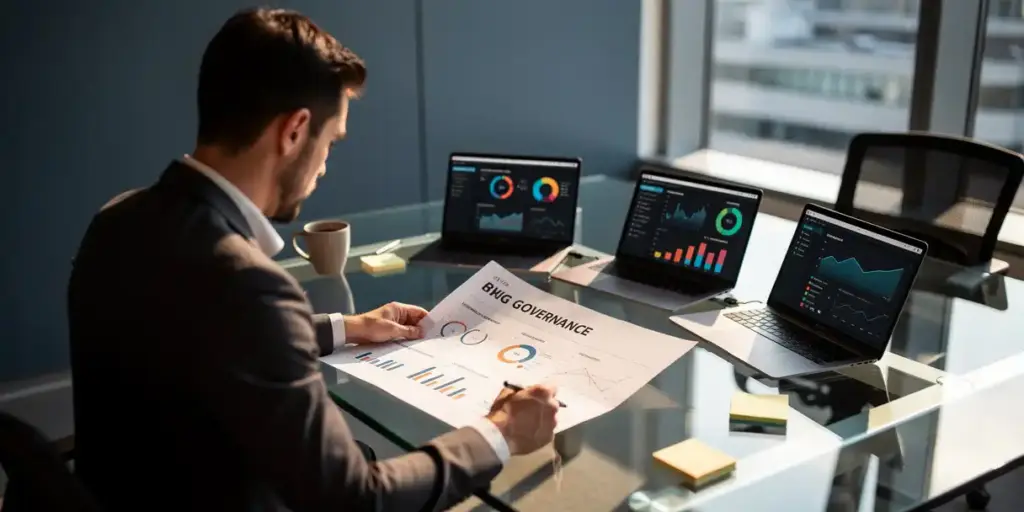 BI analyst reviewing a printed governance report on a glass desk beside laptops showing usage dashboards, coffee cup, and sticky notes in a modern office.