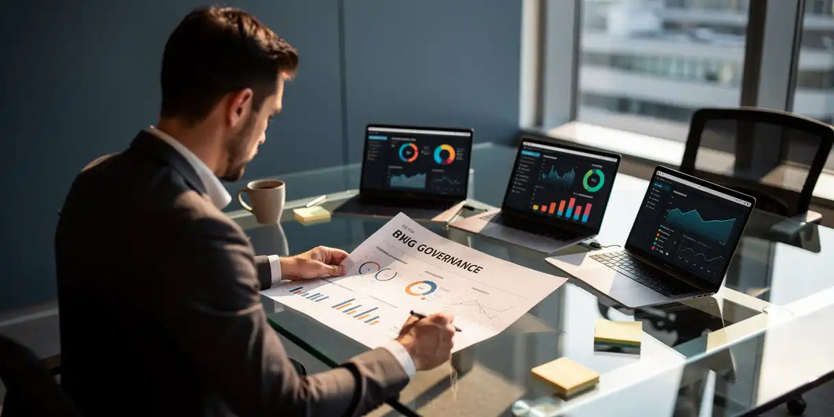 BI analyst reviewing a printed governance report on a glass desk beside laptops showing usage dashboards, coffee cup, and sticky notes in a modern office.