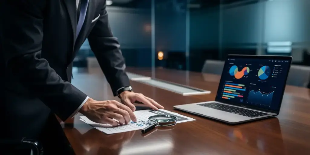 Executive placing a BI vendor checklist beside a laptop showing colorful business intelligence dashboards in a modern boardroom.