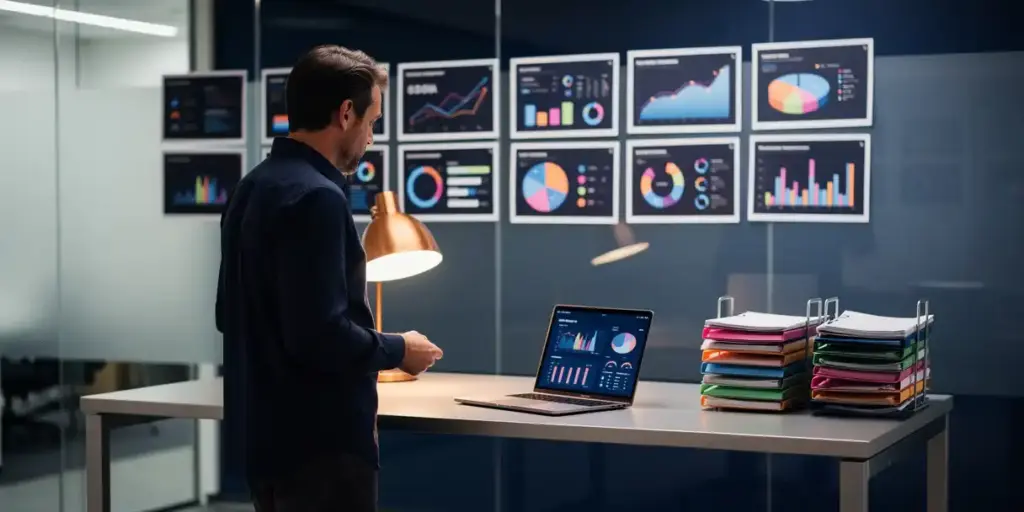 Quality control engineer reviewing glowing BI dashboard printouts on a glass wall beside a laptop displaying data visualizations in a modern office.