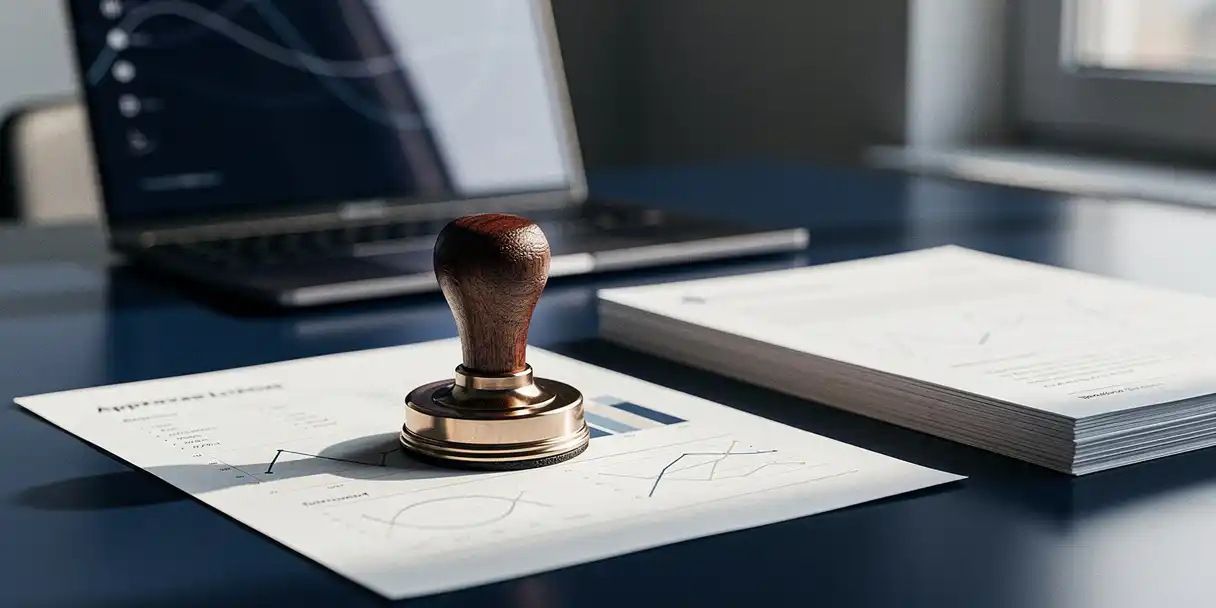 Leather approval stamp pressing onto a printed BI dashboard report on a corporate desk, with stacked documents and an open laptop in soft focus.