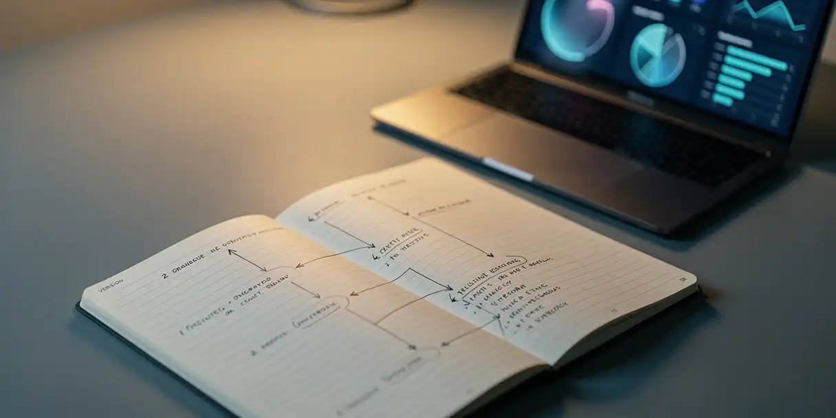Handwritten version numbers and branching timeline arrows fill an open notebook on a minimalist desk, with a BI dashboard glowing on a laptop behind it.
