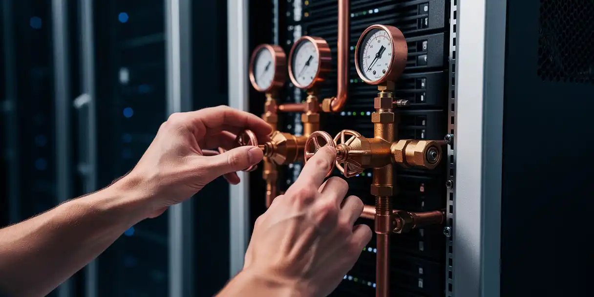 BI developer's hands adjusting copper valves and gauges on a server rack, symbolizing automated data pipeline deployment.