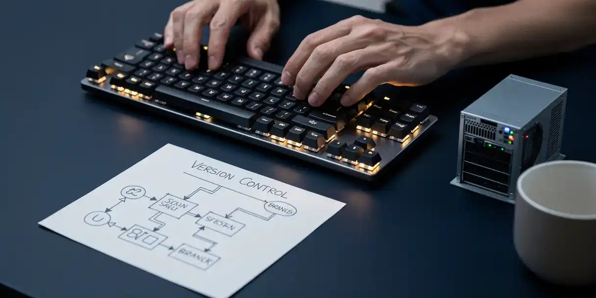 BI developer's hands on a mechanical keyboard beside a version control branch diagram, server model, and coffee cup on a dark desk.