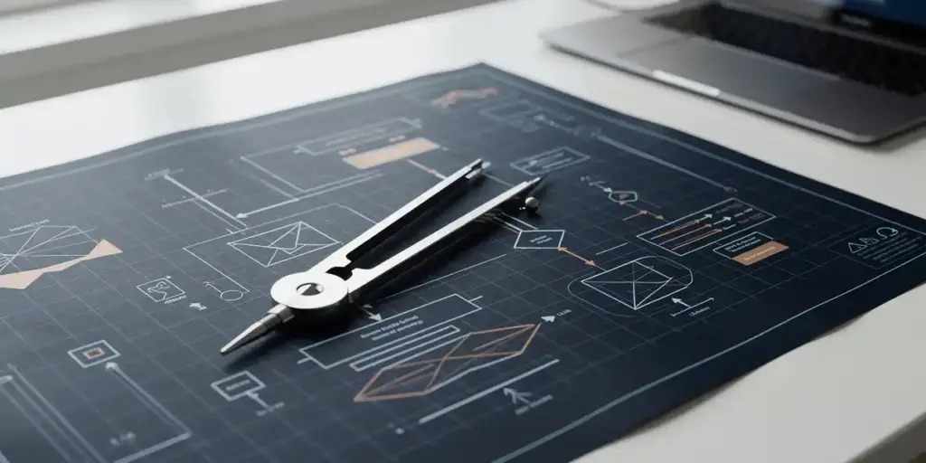 Architect's compass resting on an open blueprint with grid lines and data flow diagrams, laptop visible in background, modern office flat lay.