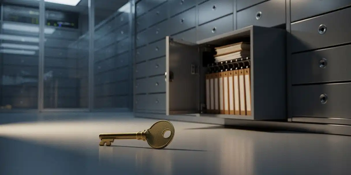 Brass master key resting on the floor of a glass-walled server room lined with locked steel cabinet drawers, one drawer slightly ajar revealing organized folders.