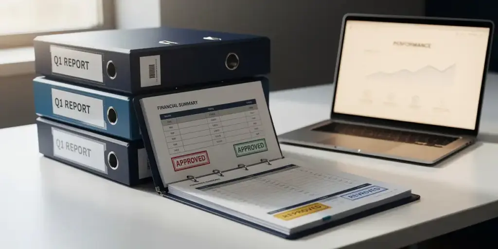 Stacked business report binders on a corporate desk, one open showing color-coded approval stamps and data sheets, with a glowing laptop in the background.