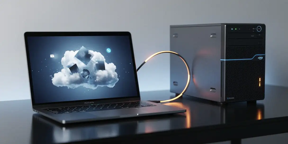Laptop displaying a cloud interface connected to an on-premise server tower by a glowing fiber-optic cable, symbolizing cloud migration.