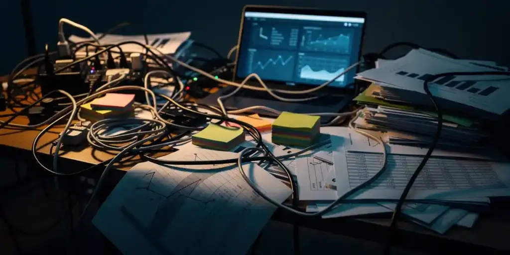 Cluttered analyst's desk with tangled cables, stacked sticky notes, and overflowing reports beside a glowing laptop displaying dashboard charts.
