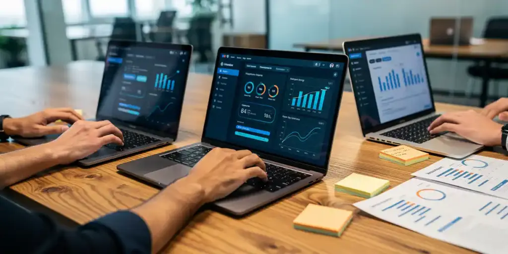 Three developers collaborating on a shared glowing dashboard across laptops at an oak table with sticky notes and version history printouts nearby.
