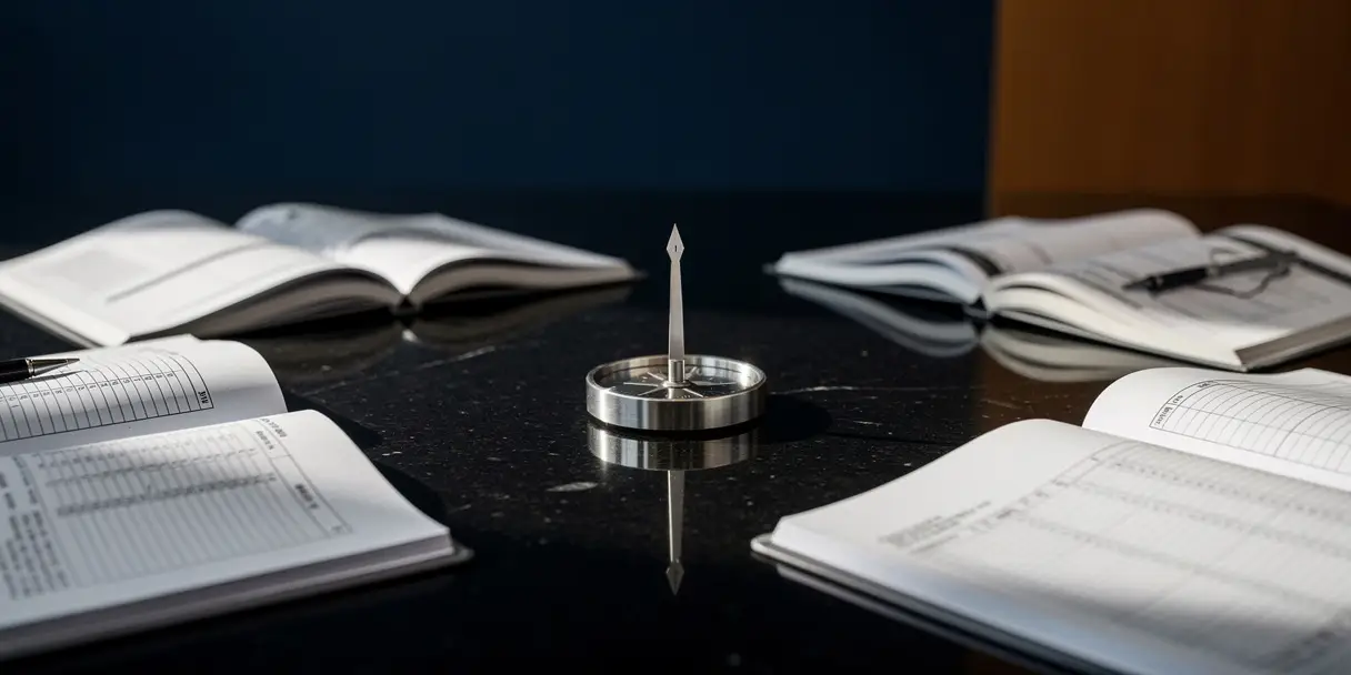 Luminous compass needle pointing north on obsidian boardroom table, surrounded by open ledgers and data printouts in navy and amber light.