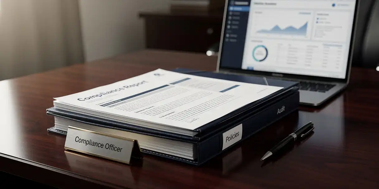 Thick stack of compliance and regulatory binders on a mahogany desk beside a laptop showing data dashboards, nameplate, and architectural pen.