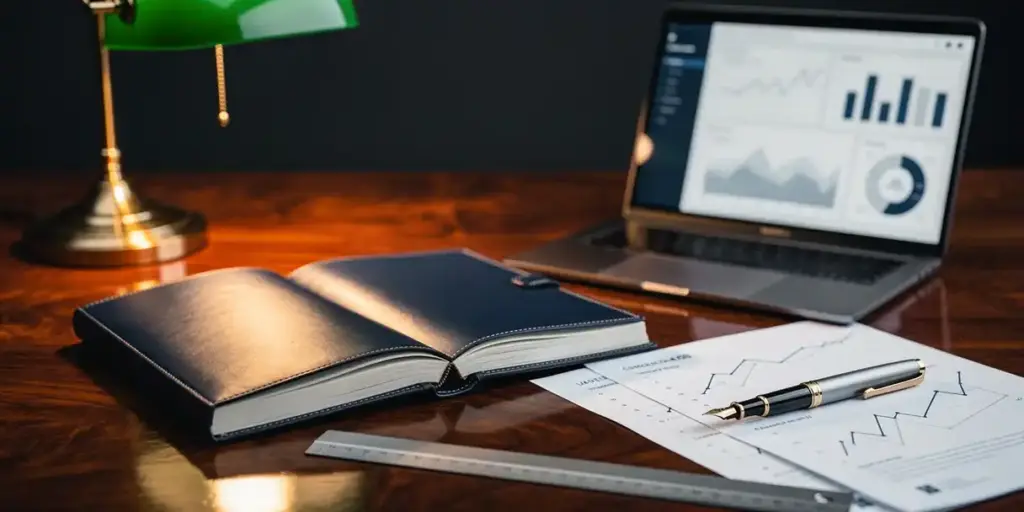 Leather-bound compliance ledger open on a mahogany desk beside a laptop showing data dashboards, lit by a warm banker's lamp with fountain pen and financial documents.