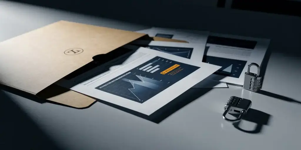 Confidential BI dashboard report slipping from an open manila folder on a corporate desk, with an unlatched combination lock and scattered sensitive charts nearby.
