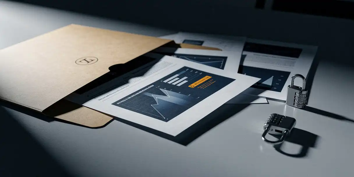 Confidential BI dashboard report slipping from an open manila folder on a corporate desk, with an unlatched combination lock and scattered sensitive charts nearby.