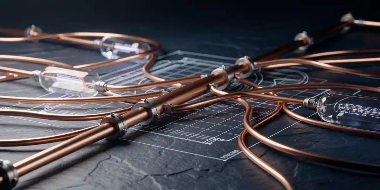 Tangled copper pipes and glass vessels merging into a single clean pipeline on dark slate, symbolizing data consolidation.