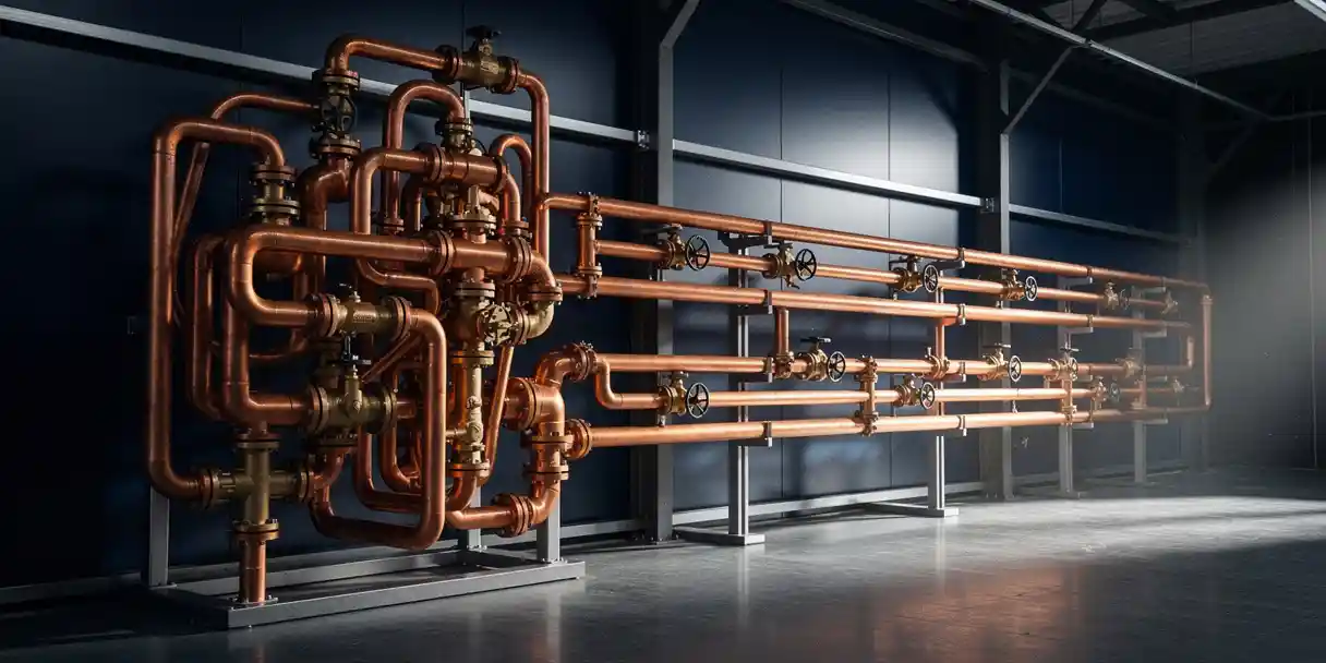 Tangled copper pipes and valves contrasted with a clean sequential assembly line in a navy-toned industrial workspace with dramatic side lighting.