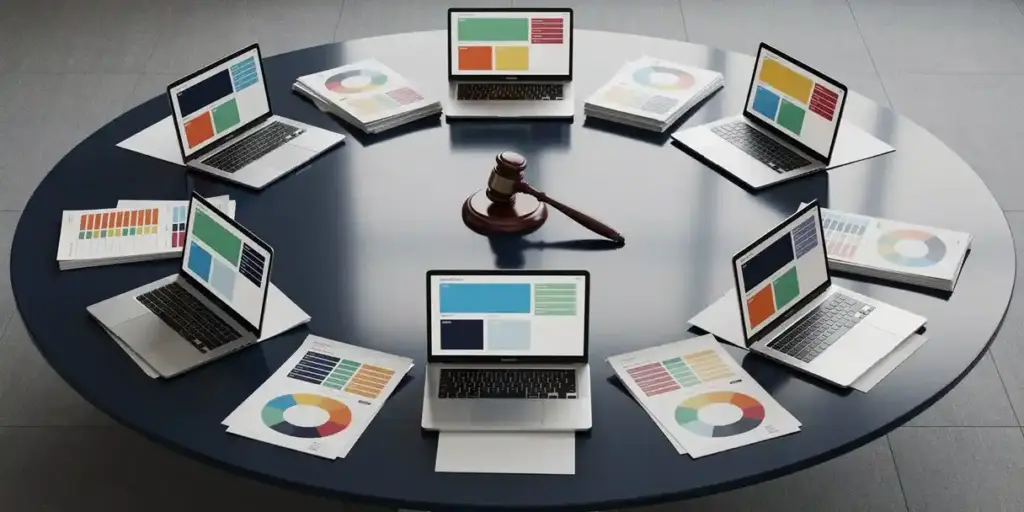 Round conference table with laptops, data reports, and color-coded dashboards arranged around a central gavel in a modern corporate setting.