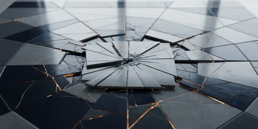 Cracked ceramic tile triggering chain reaction fractures across slate gray and navy mosaic office floor, amber fracture lines radiating outward.