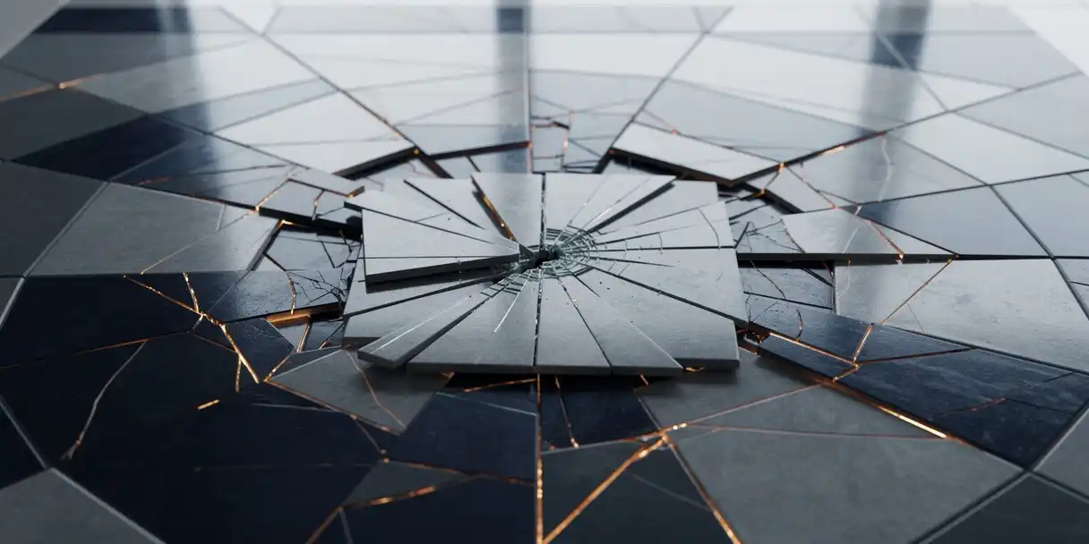Cracked ceramic tile triggering chain reaction fractures across slate gray and navy mosaic office floor, amber fracture lines radiating outward.