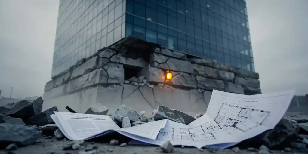 Cracked stone foundation beneath a towering glass corporate building, with structural gaps, buried blueprints, and amber warning light casting shadows upward.