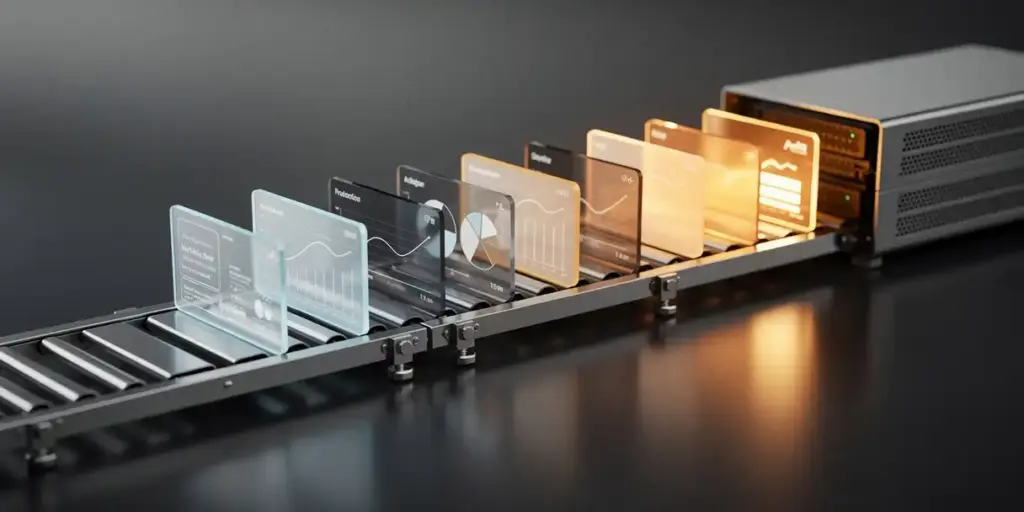 Dashboard cards moving along a conveyor track from a development environment into a glowing production server, steel blue and amber studio lighting.