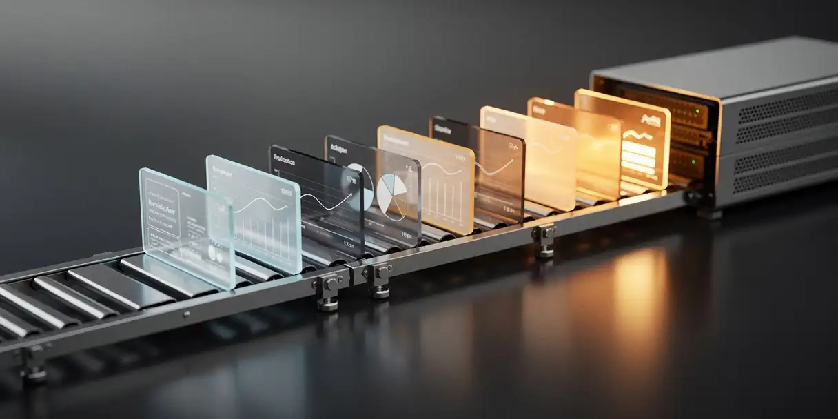 Dashboard cards moving along a conveyor track from a development environment into a glowing production server, steel blue and amber studio lighting.
