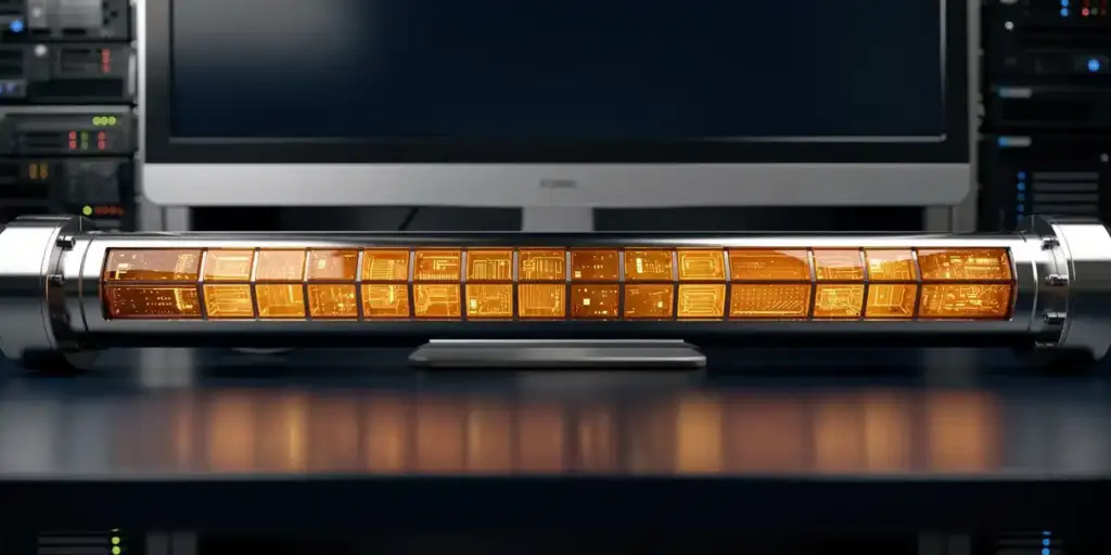 Amber dashboard tiles glowing on a dark workstation with server rack reflections, navy and warm amber tones, shallow depth of field.