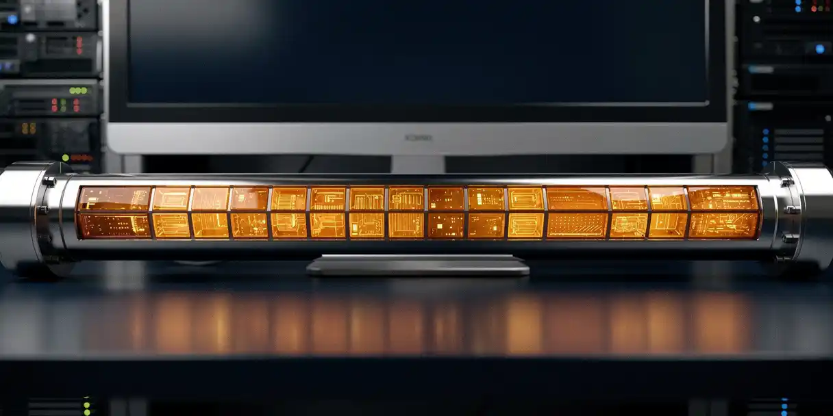 Amber dashboard tiles glowing on a dark workstation with server rack reflections, navy and warm amber tones, shallow depth of field.