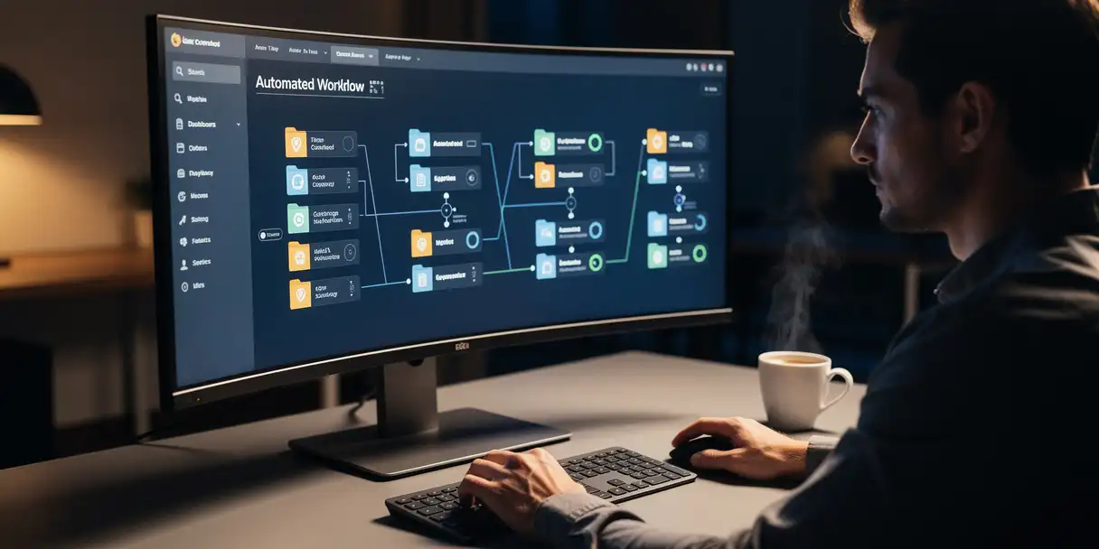 Software engineer deploying a dashboard pipeline on a curved monitor showing version-controlled folders, modern desk with steaming coffee, navy and amber tones.