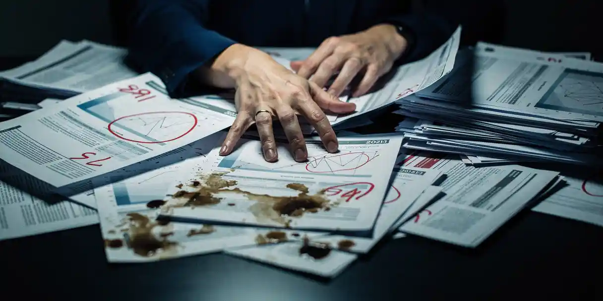 Stressed analyst's hands buried in chaotic pile of conflicting dashboard reports with red-pen version numbers under harsh fluorescent light.