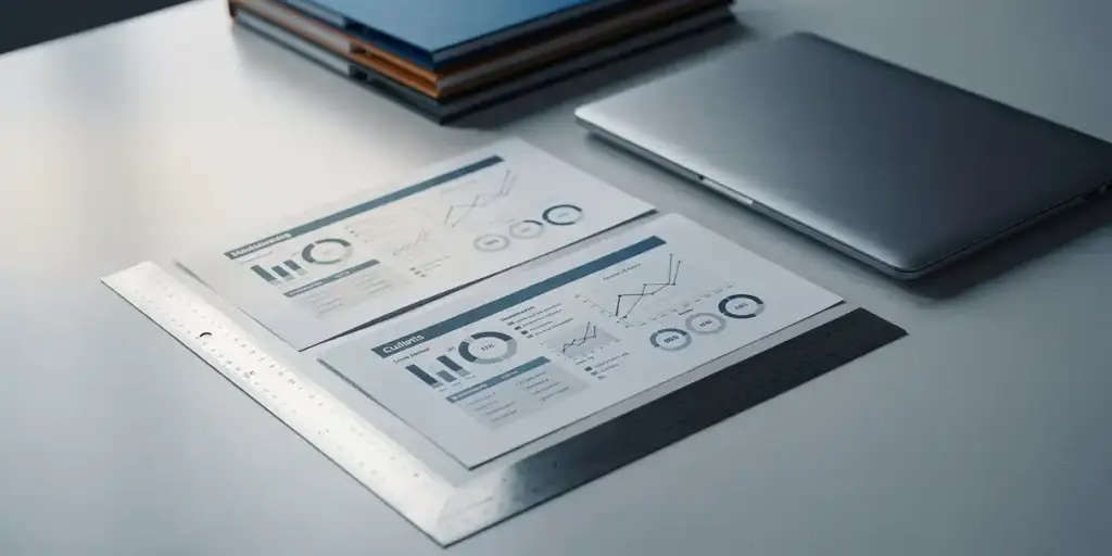 Two printed dashboard reports aligned with a steel ruler beside a laptop on a modern desk, with organized folders in the background.