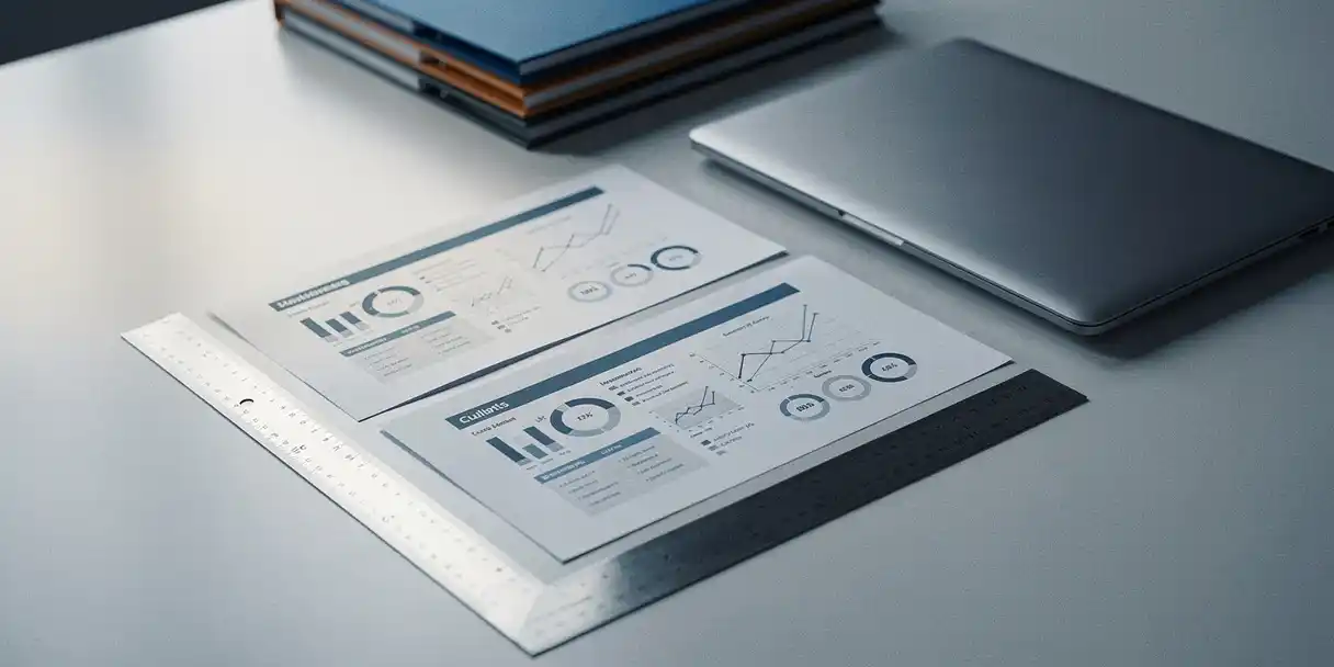 Two printed dashboard reports aligned with a steel ruler beside a laptop on a modern desk, with organized folders in the background.