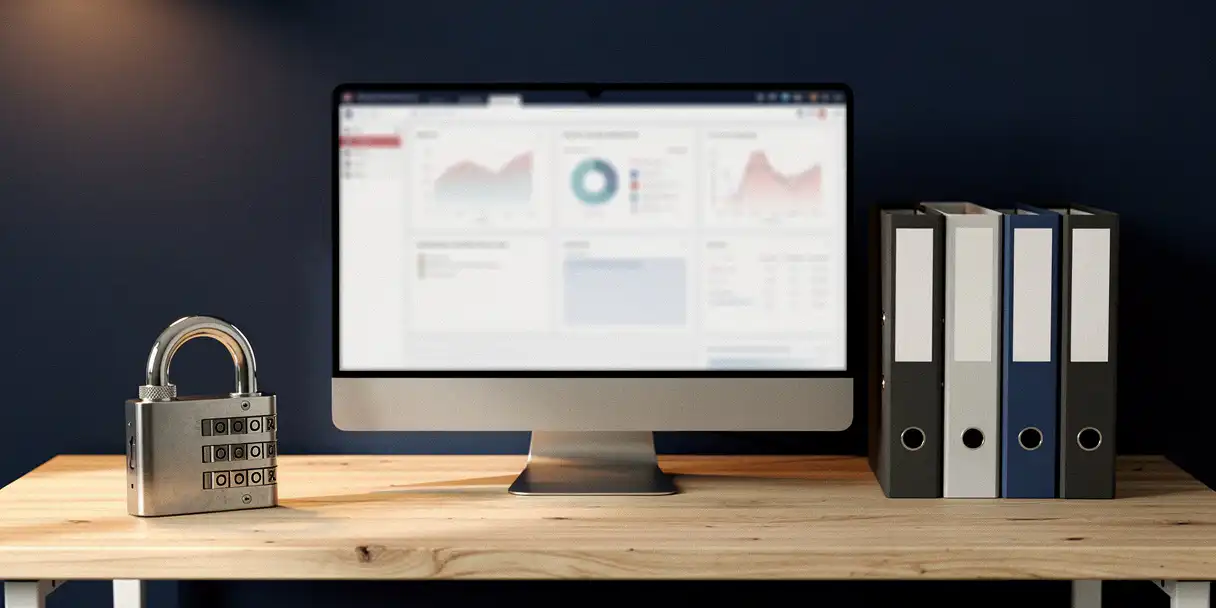 Modern dashboard on monitor beside a combination lock and organized binders on a desk, symbolizing secure data access management.