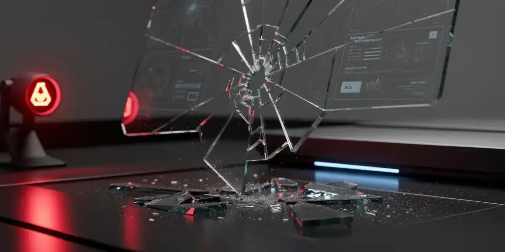 Shattered glass dashboard mid-collapse on a modern desk, fragmented data panels cascading under a red warning light with crimson and steel-blue tones.