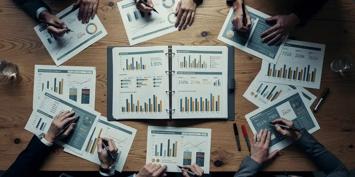 Oak conference table covered in conflicting dashboard reports and bar charts, with multiple hands annotating pages around a central open binder.