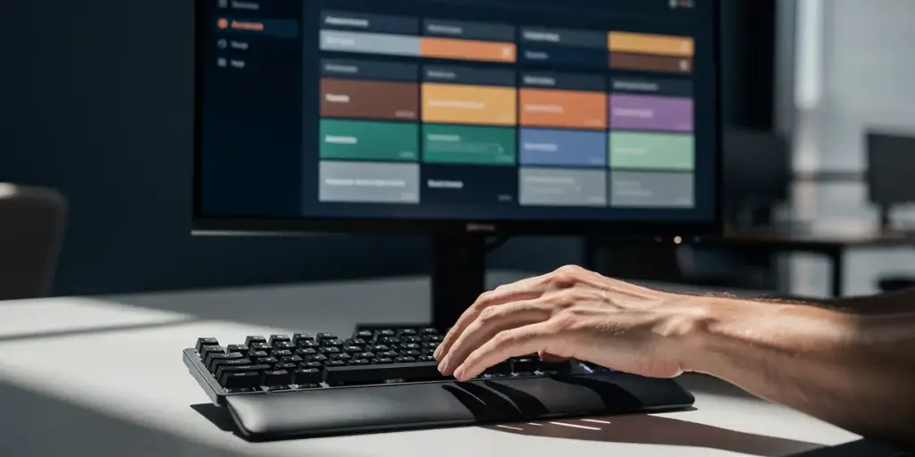 Data analyst's hands on an enterprise keyboard with a monitor displaying color-coded access permission tiers in a modern office.
