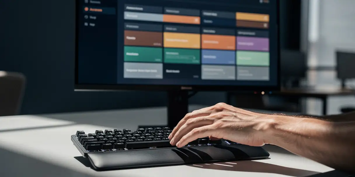 Data analyst's hands on an enterprise keyboard with a monitor displaying color-coded access permission tiers in a modern office.