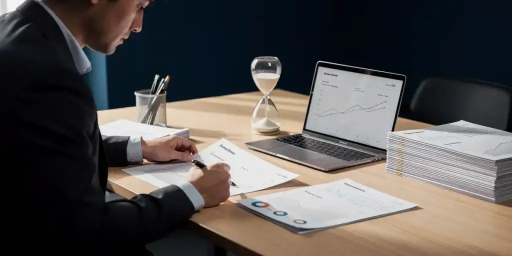 Data analyst reviewing dashboard printouts at a modern desk with an hourglass and laptop, organized reports in navy and amber office lighting.