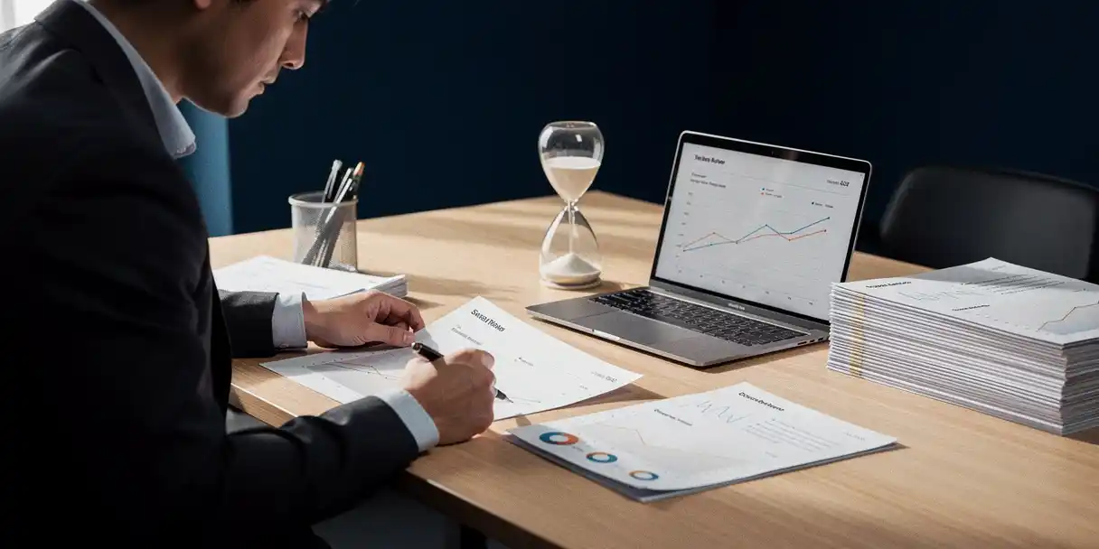 Data analyst reviewing dashboard printouts at a modern desk with an hourglass and laptop, organized reports in navy and amber office lighting.
