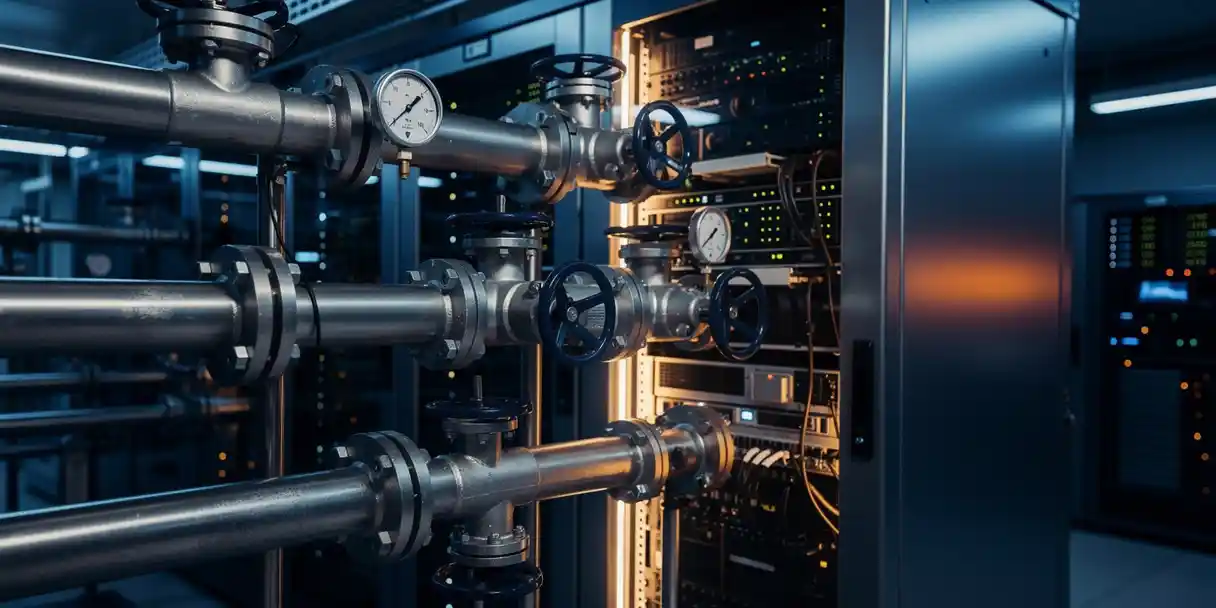 Steel pipes and valves connecting to a server rack in a blue-lit data center, pressure gauges displaying steady readings.